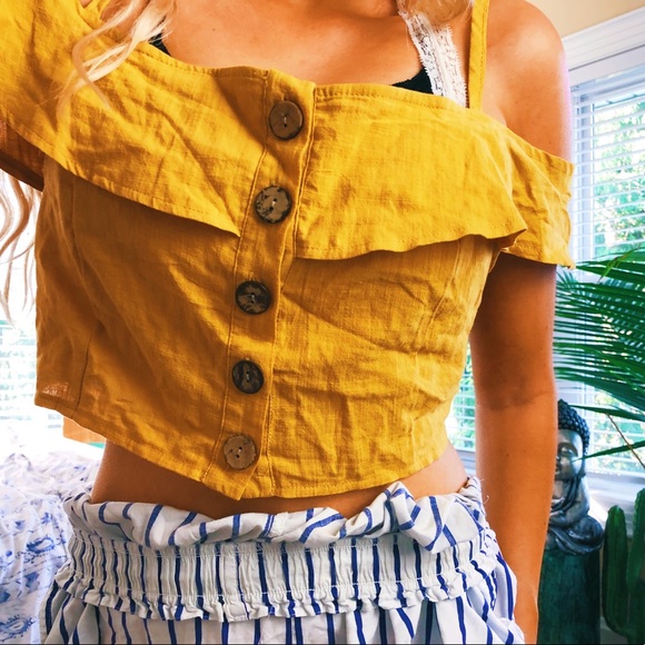 Tops - wood vibes dainty mustard yellow cold shoulder top